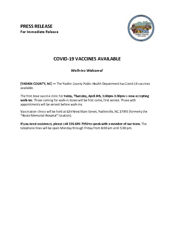 Press Release 4.8.2021 Covid Vaccines Walk In