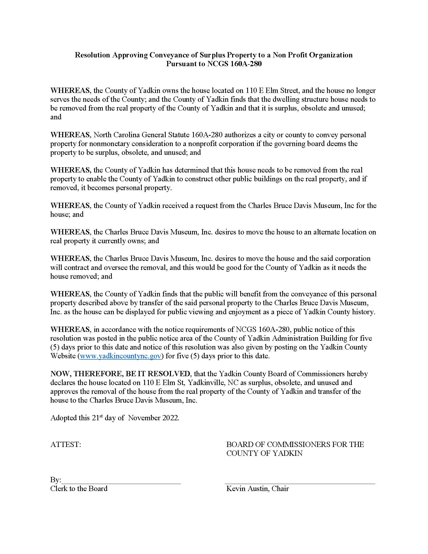 Resolution Approving Conveyance of Surplus Property to a Non Profit Organization